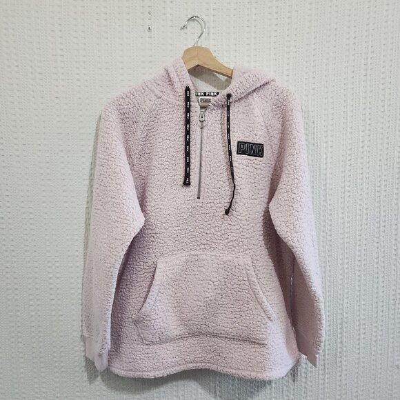 PINK Victoria's Secret Light Pink Sherpa Half Zip Hoodie Sweater Size Small - Picture 2 of 12